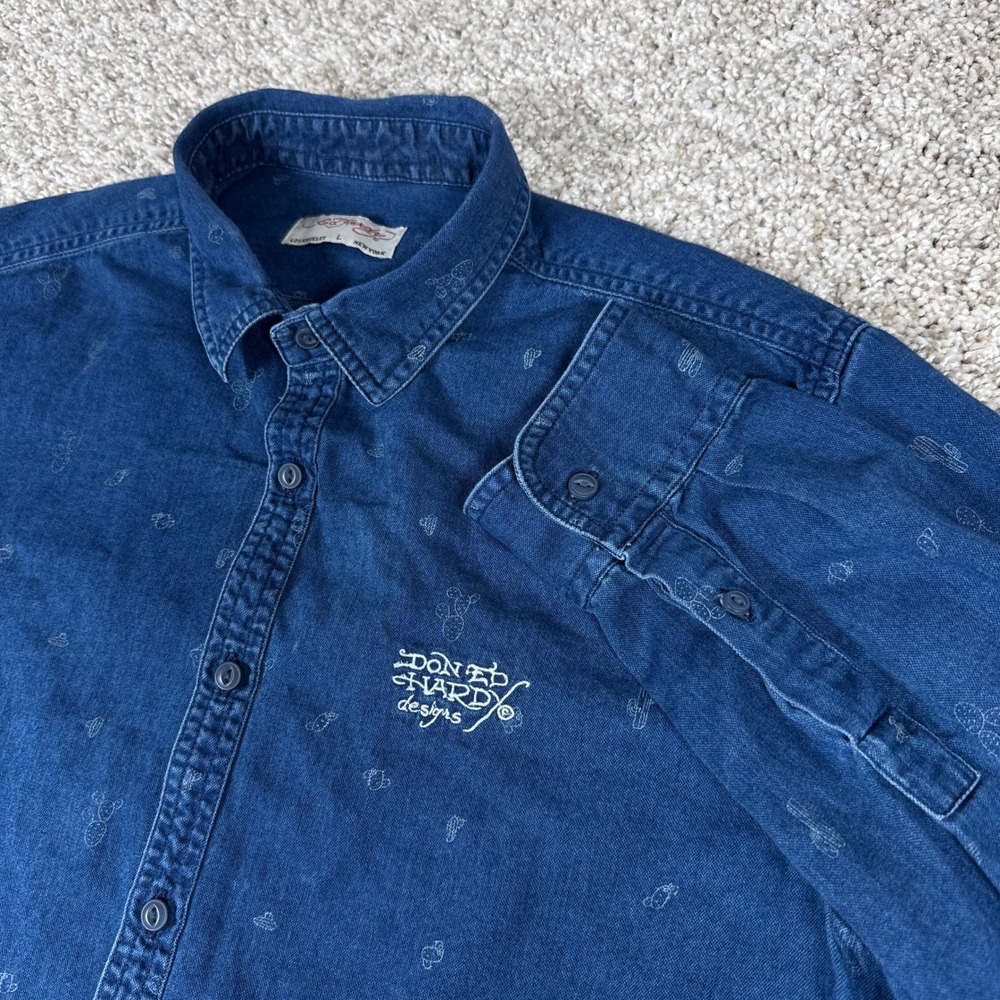 Ed Hardy Shirt Mens Large Blue Cactus‎ Print Denim Y2K Tattoo Art Button Up